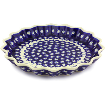 Polish Pottery Fluted Pie Dish 13&quot; Aster Peacock Blossom