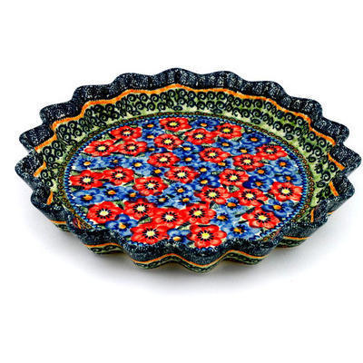 Polish Pottery Fluted Pie Dish 13&quot; Blue And Red Poppies UNIKAT
