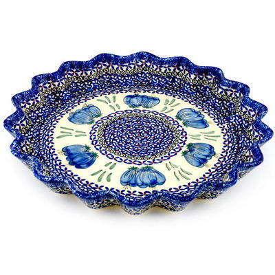 Polish Pottery Fluted Pie Dish 13&quot; Blue Bulbs