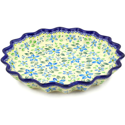 Polish Pottery Fluted Pie Dish 13&quot; Blue Clematis