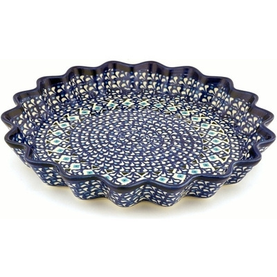 Polish Pottery Fluted Pie Dish 13&quot; Blue Diamond Dream