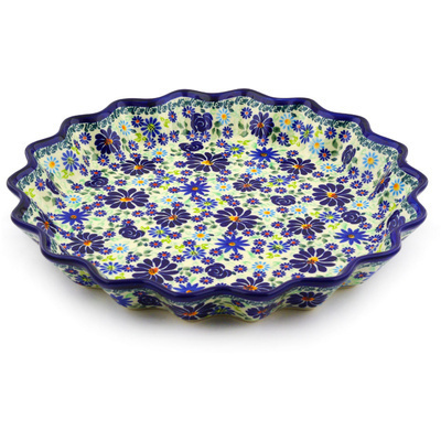 Polish Pottery Fluted Pie Dish 13&quot; Blue Summer Garden