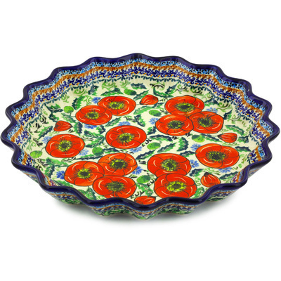 Polish Pottery Fluted Pie Dish 13&quot; Bursts Of Red UNIKAT