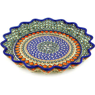 Polish Pottery Fluted Pie Dish 13&quot; Coral Diamonds UNIKAT