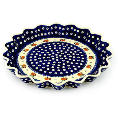 Polish Pottery Fluted Pie Dish 13&quot; Country Apple Peacock