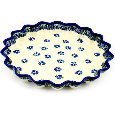 Polish Pottery Fluted Pie Dish 13&quot; Forget Me Not Dots