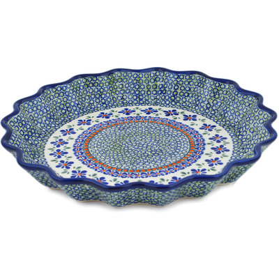 Polish Pottery Fluted Pie Dish 13&quot; Gingham Flowers