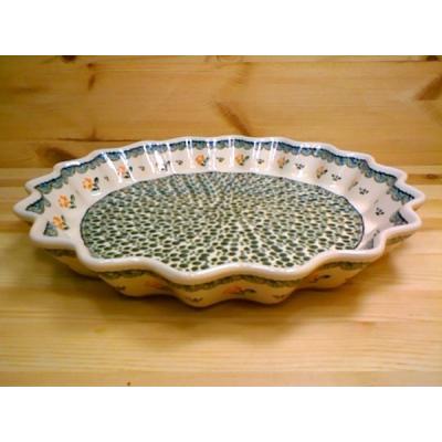 Polish Pottery Fluted Pie Dish 13&quot; Green Bubbles