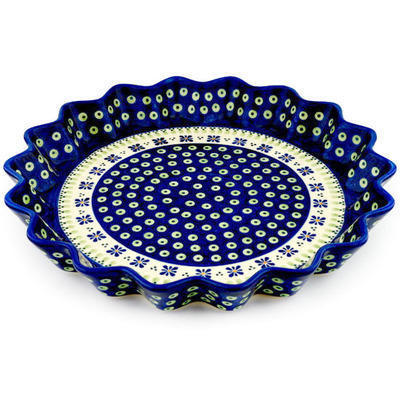 Polish Pottery Fluted Pie Dish 13&quot; Green Gingham Peacock