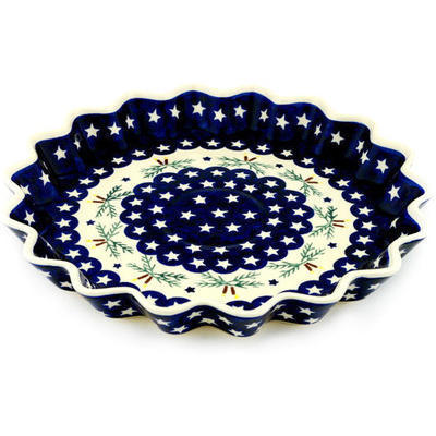 Polish Pottery Fluted Pie Dish 13&quot; Holly Stars