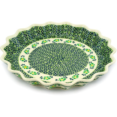 Polish Pottery Fluted Pie Dish 13&quot; Lime Flowers