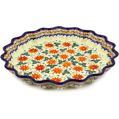 Polish Pottery Fluted Pie Dish 13&quot; Mexican Flame UNIKAT