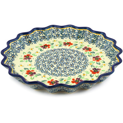 Polish Pottery Fluted Pie Dish 13&quot; Nightingale Flower
