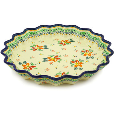 Polish Pottery Fluted Pie Dish 13" Orange Clematis
