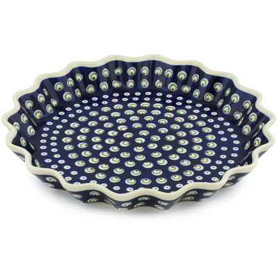 Polish Pottery Fluted Pie Dish 13&quot; Peacock Eyes