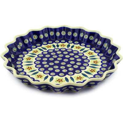 Polish Pottery Fluted Pie Dish 13&quot; Peacock Garden