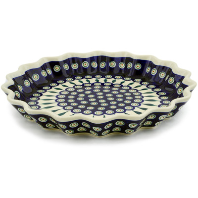 Polish Pottery Fluted Pie Dish 13&quot; Peacock Leaves