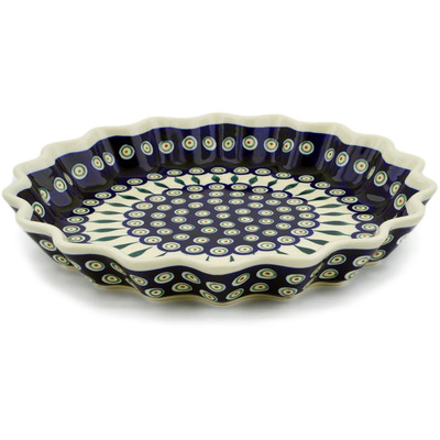 Polish Pottery Fluted Pie Dish 13&quot; Peacock Leaves