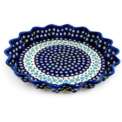 Polish Pottery Fluted Pie Dish 13&quot; Peacock Poppy Chain