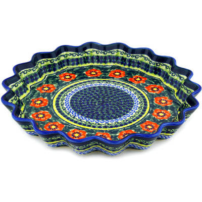 Polish Pottery Fluted Pie Dish 13&quot; Poppies All Around UNIKAT