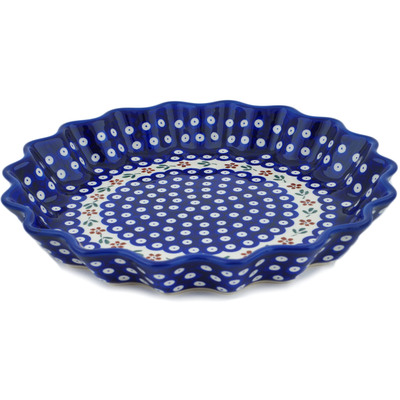 Polish Pottery Fluted Pie Dish 13&quot; Red Daisy Peacock