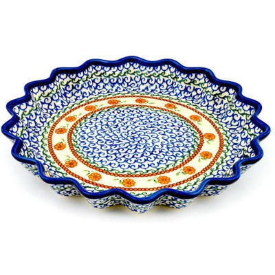 Polish Pottery Fluted Pie Dish 13&quot; Sunflower Waves