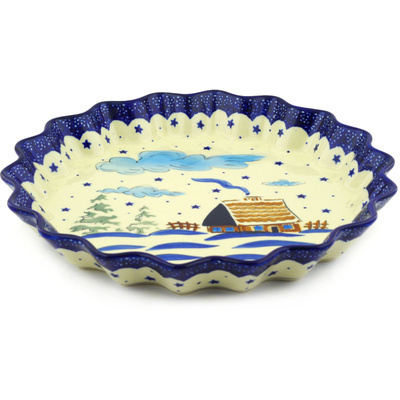 Polish Pottery Fluted Pie Dish 13" Winter Chalet