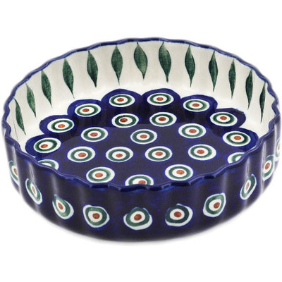 Polish Pottery Fluted Pie Dish 6&quot; Peacock Leaves