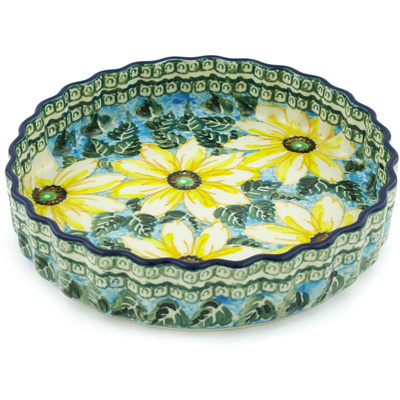 Polish Pottery Fluted Pie Dish 8&quot; Black Eyed Susan UNIKAT