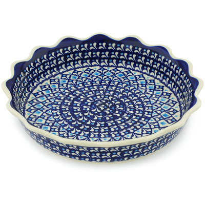 Polish Pottery Fluted Pie Dish 8" Blue Diamond