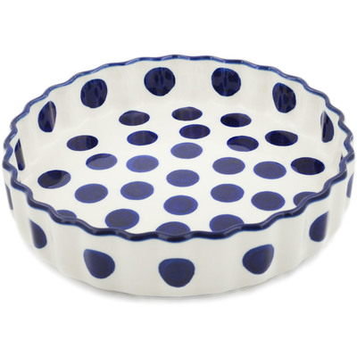 Polish Pottery Fluted Pie Dish 8&quot; Bold Blue Dots