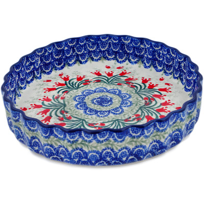 Polish Pottery Fluted Pie Dish 8&quot; Crimson Bells