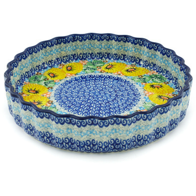 Polish Pottery Fluted Pie Dish 8&quot; Enchanted Spring UNIKAT