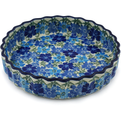 Polish Pottery Fluted Pie Dish 8&quot; Fields Of Blue UNIKAT