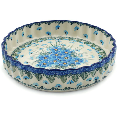 Polish Pottery Fluted Pie Dish 8&quot; Forget Me Not UNIKAT