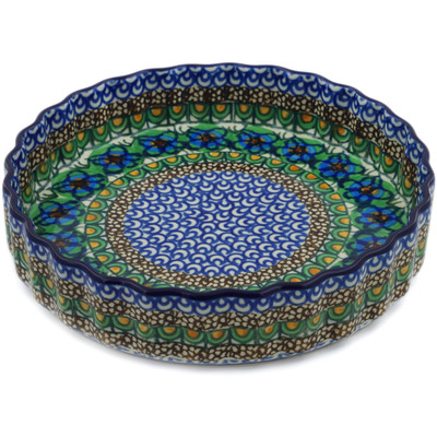 Polish Pottery Fluted Pie Dish 8&quot; Mardi Gras UNIKAT