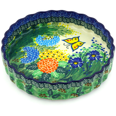 Polish Pottery Fluted Pie Dish 8&quot; Spring Garden UNIKAT