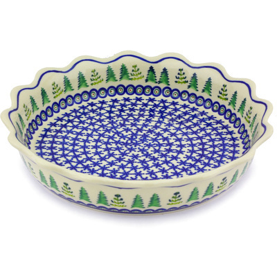 Polish Pottery Fluted Pie Dish 8&quot; Winter Ferns
