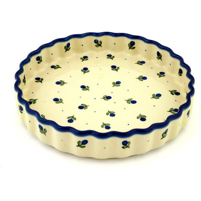 Polish Pottery Fluted Pie Dish 9&quot; Blue Buds