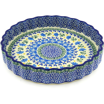 Polish Pottery Fluted Pie Dish 9&quot; Blue Fan Flowers
