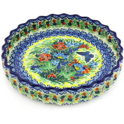 Polish Pottery Fluted Pie Dish 9&quot; Blue Monarch Garden UNIKAT