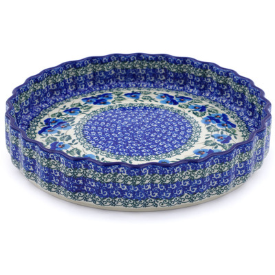 Polish Pottery Fluted Pie Dish 9&quot; Blue Pansy