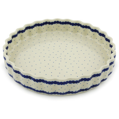 Polish Pottery Fluted Pie Dish 9&quot; Blue Polka Dot