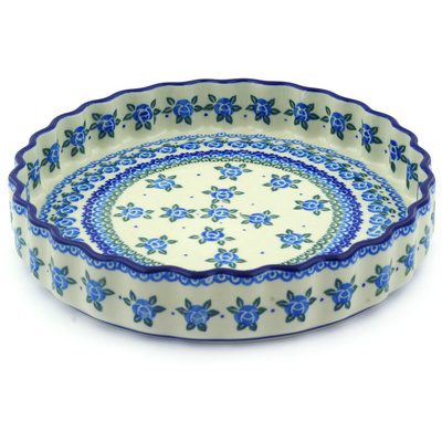 Polish Pottery Fluted Pie Dish 9&quot; Bluebuds