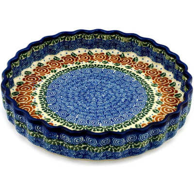 Polish Pottery Fluted Pie Dish 9&quot; Brown Flower Swirl
