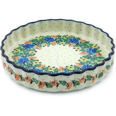 Polish Pottery Fluted Pie Dish 9&quot; Dotted Floral Wreath UNIKAT