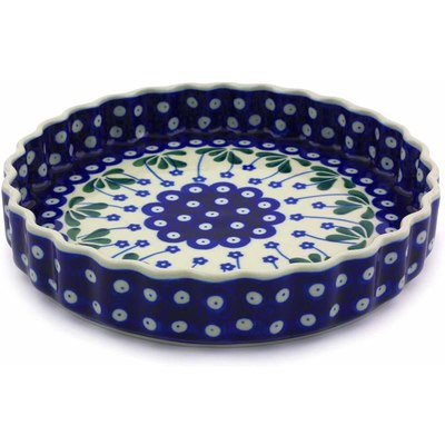 Polish Pottery Fluted Pie Dish 9&quot; Forget-me-not Peacock