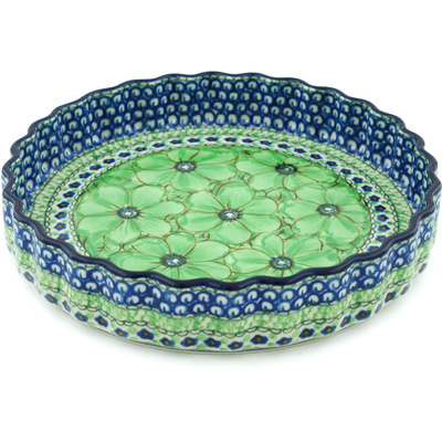 Polish Pottery Fluted Pie Dish 9&quot; Green Pansies UNIKAT