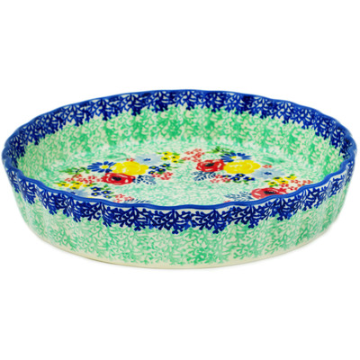 Polish Pottery Fluted Pie Dish 9" Midsommar Crown UNIKAT