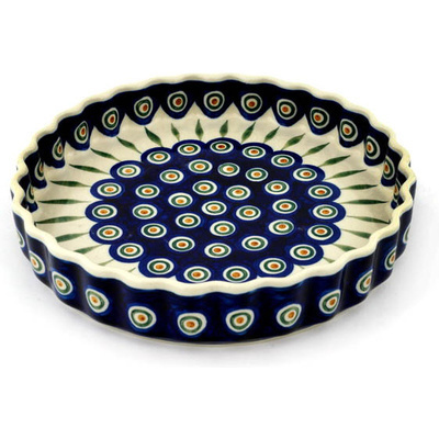 Polish Pottery Fluted Pie Dish 9&quot; Peacock Leaves
